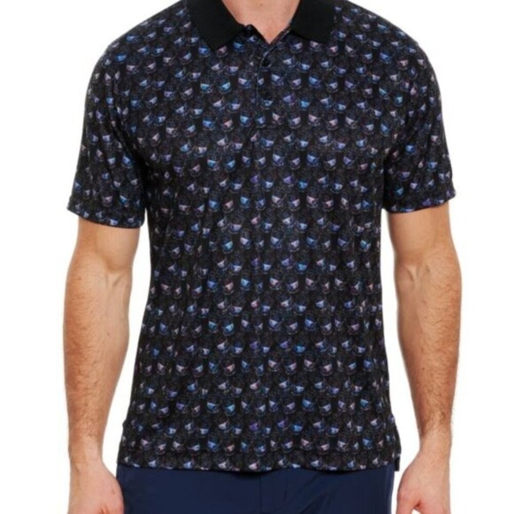 Robert Graham Cheers Pique Knit Polo Shirt All Over Print Highball Glasses Sz L